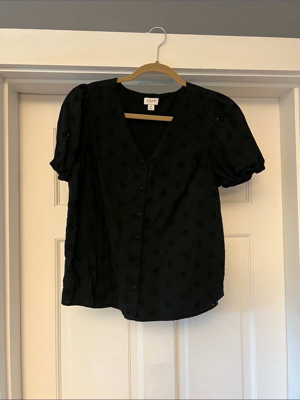 J. Crew Black Eyelet Button-Front Puff Sleeve Blouse